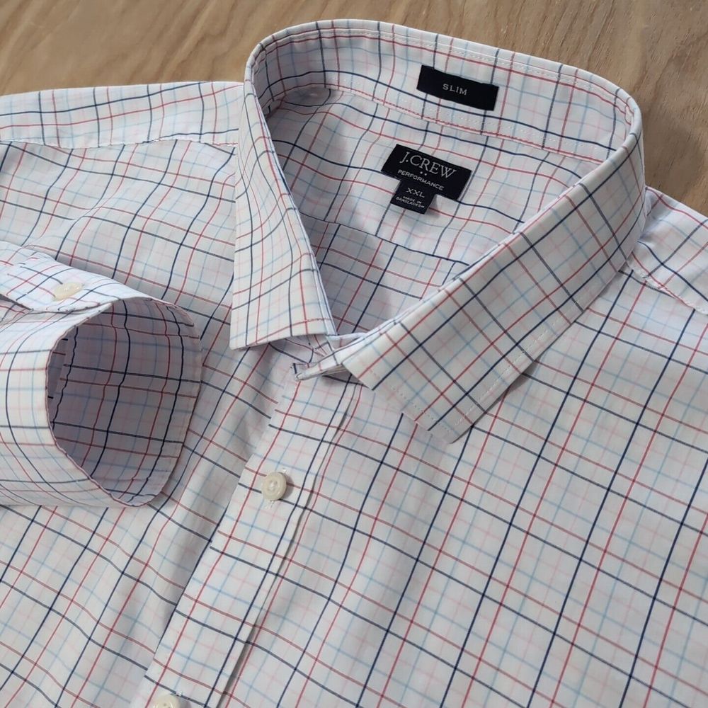 J. Crew Shirt Mens 2xl Performance Slim Fit Button Up White Plaid Blue Red